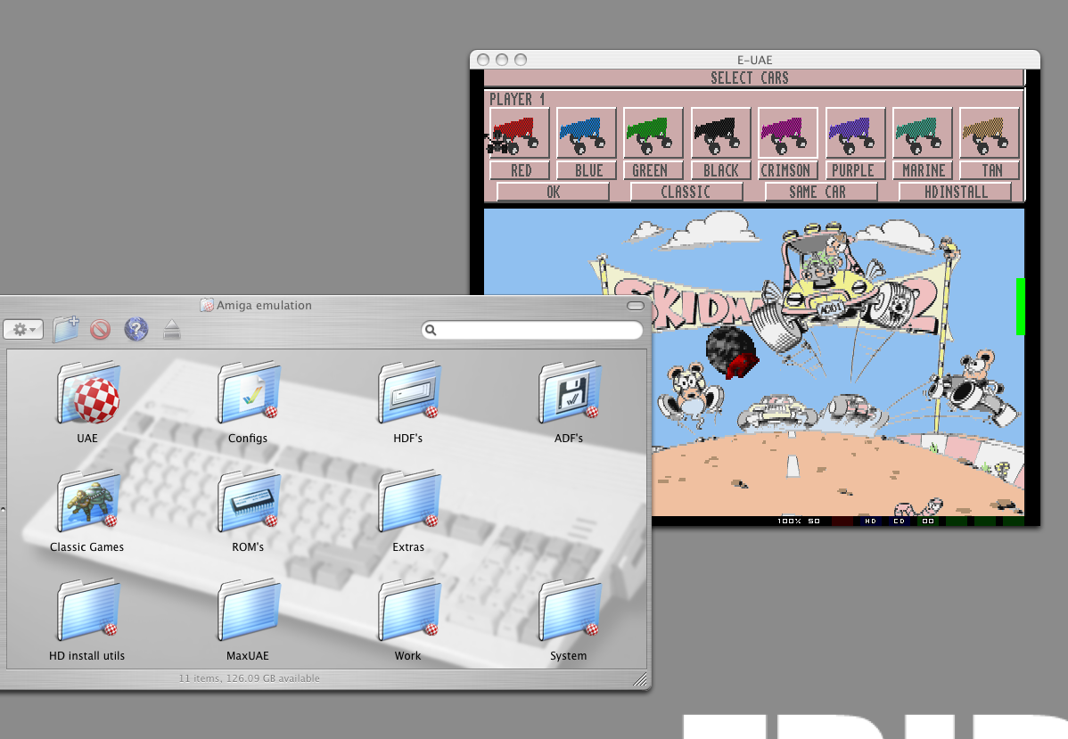 Mac OS X E-UAE running Skidmarks 2 + custom folder icons.
